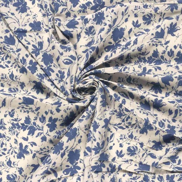 Tissu Popeline de Bambou Célestine motif floral Bleu sur fond Ecru