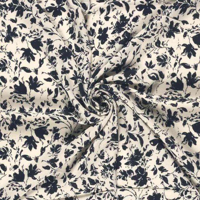 Tissu Popeline de Bambou Célestine motif floral Noir sur fond Ecru