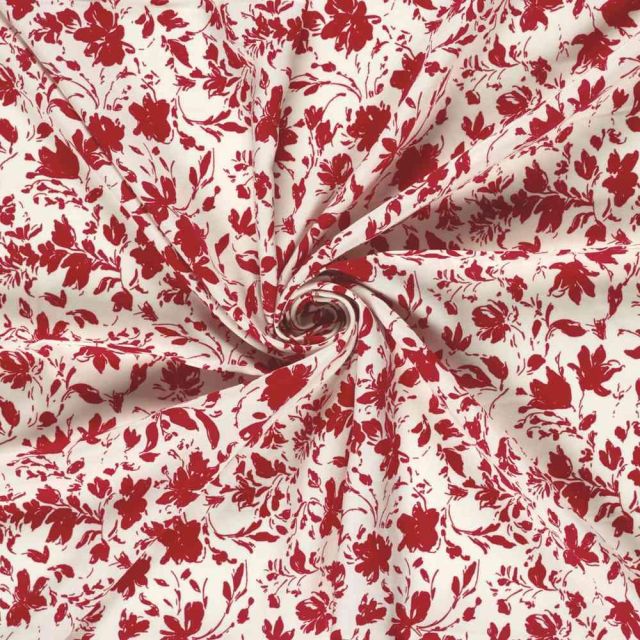 Tissu Popeline de Bambou Célestine motif floral Rouge sur fond Ecru