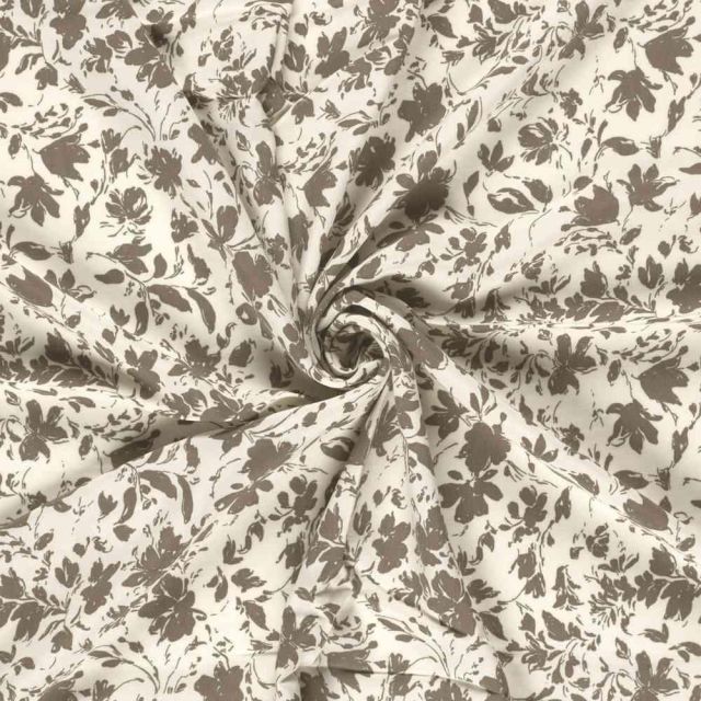 Tissu Popeline de Bambou Célestine motif floral Marron sur fond Ecru