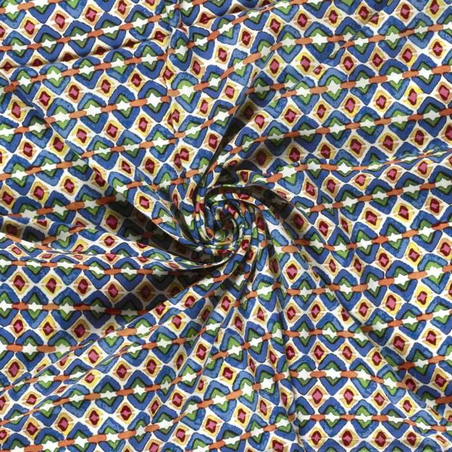 Tissu Viscose imprimé Olympe mosaïque Indigo sur fond Blanc cassé