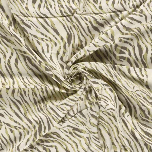 Tissu Viscose satiné Hermine zébré Kaki et Taupe sur fond Ecru