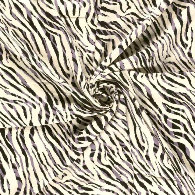 Tissu Viscose satiné Hermine zébré Noir et Gris sur fond Ivoire