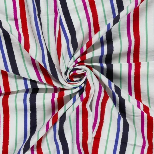 Tissu Crêpe de Viscose Lucien rayures Noir, Bleu et Rouge sur fond Blanc