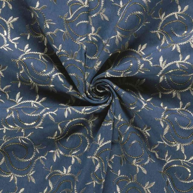 Tissu Chambray Polycoton Agnès broderie végétal Or sur fond Bleu denim