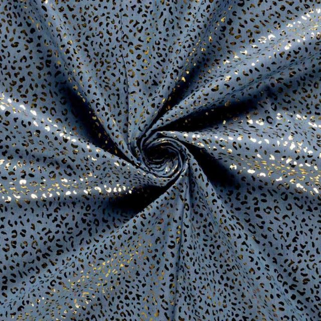 Tissu Chambray Coton léger imprimé léopard doré sur fond Bleu gris