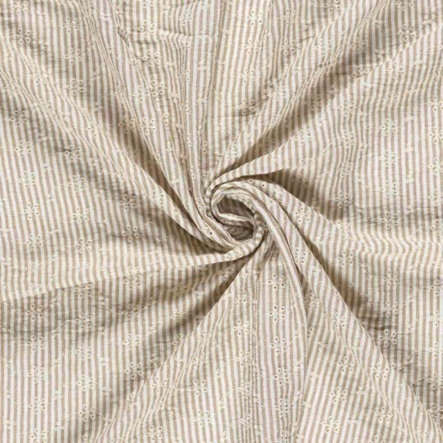 Tissu Popeline de Coton  Brodé petites fleurs rayures Blanc sur fond Beige