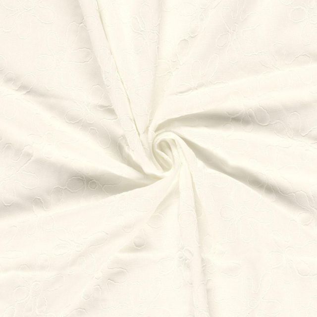 Tissu Viscose Lin chaine et trame Alice broderie fleurs sur fond Blanc cassé