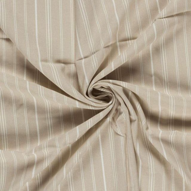 Tissu Lin Viscose Louis fines rayures Blanc sur fond Beige