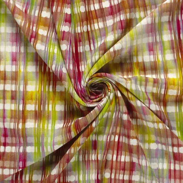 Tissu Lin Viscose Zélie quadrillage flou multicolore sur fond Ecru