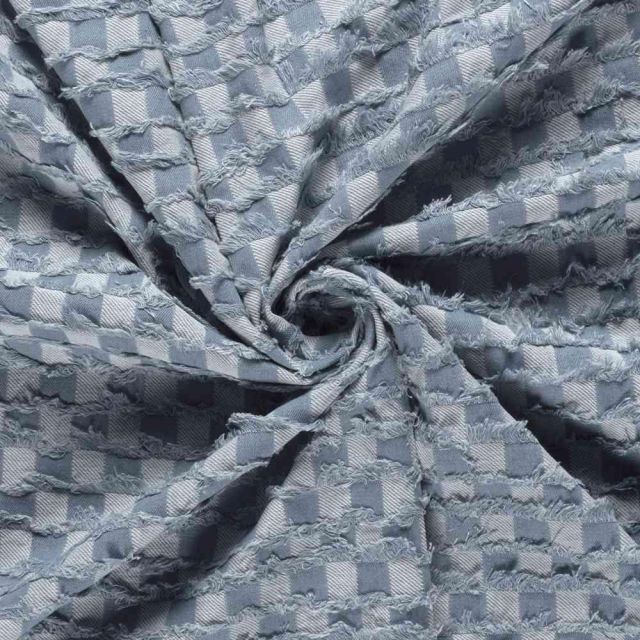 Tissu Jean Denim damier effiloché Bleu gris sur fond Bleu clair