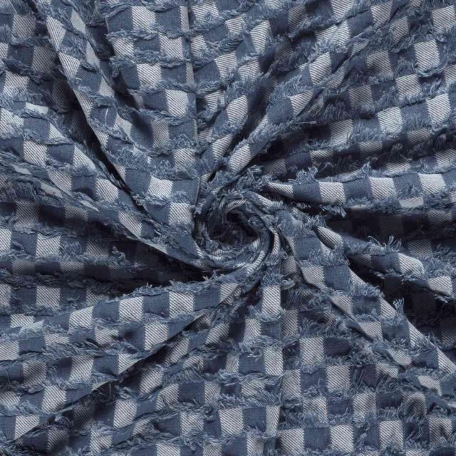 Tissu Jean Denim damier effiloché Bleu gris sur fond Bleu indigo