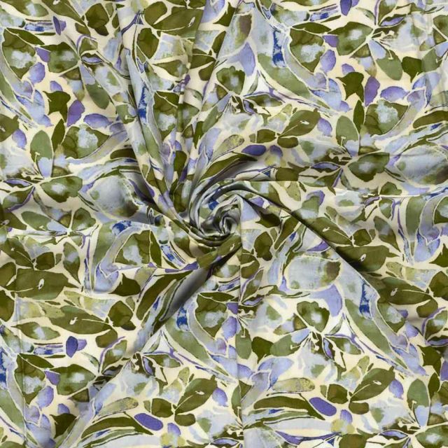Tissu Viscose imprimé digital Eulalie jardin Olive sur fond Ecru