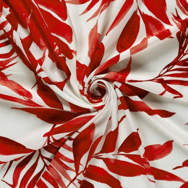 Tissu Viscose imprimé Apolline feuillage Rouge sur fond Blanc cassé
