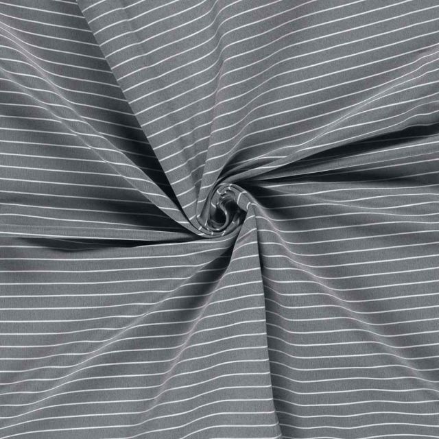 Tissu Bengaline de Viscose Lin Estelle fines rayures Blanche sur fond Gris