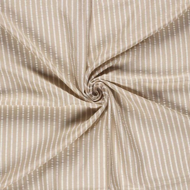 Tissu Seersucker Viscose Lina rayures Blanches sur fond Beige