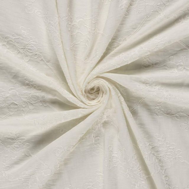 Tissu Polyviscose Brodé Lola floral décoratif sur fond Ecru