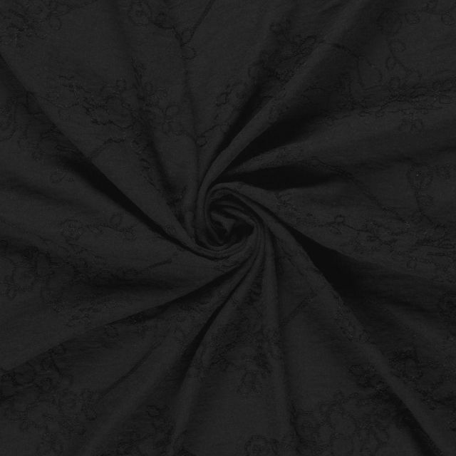 Tissu Polyviscose Brodé Lola floral décoratif sur fond Noir