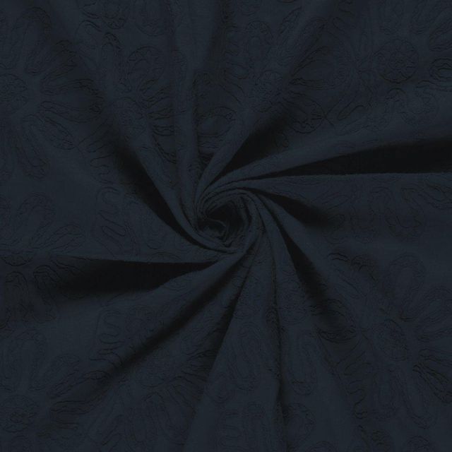 Tissu Coton brodé Adriana grandes fleurs sur fond Bleu marine