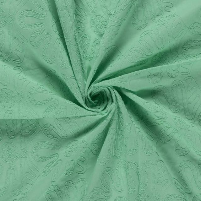 Tissu Coton brodé Adriana grandes fleurs sur fond Vert