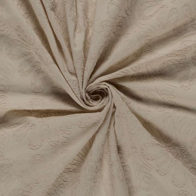 Tissu Coton brodé Adriana grandes fleurs sur fond Beige