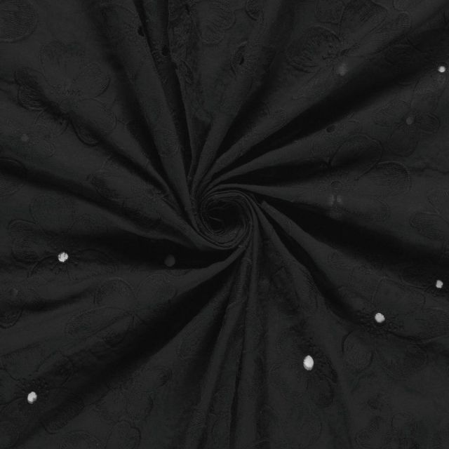 Tissu Coton brodé ajouré Adèle fleuri sur fond Noir