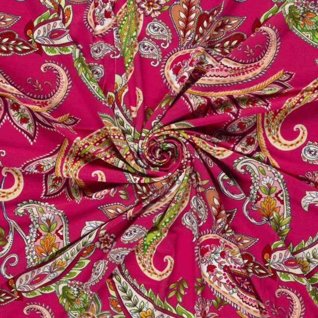 Tissu Jersey Viscose digital cachemire Bohème sur fond Rose fuchsia