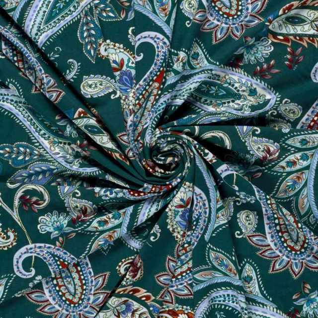 Tissu Jersey Viscose digital cachemire Bohème sur fond Vert foncé