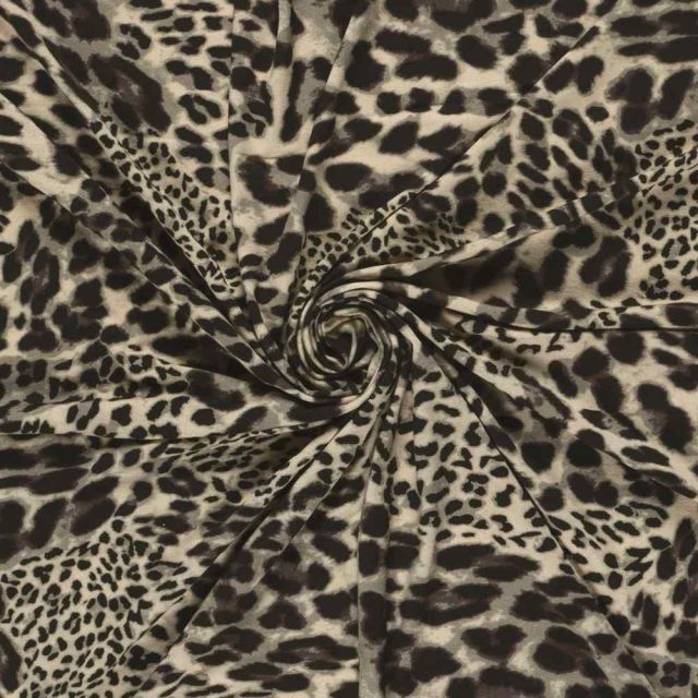 Tissu Jersey Viscose digital motif léopard Brun et Noir sur fond Grège