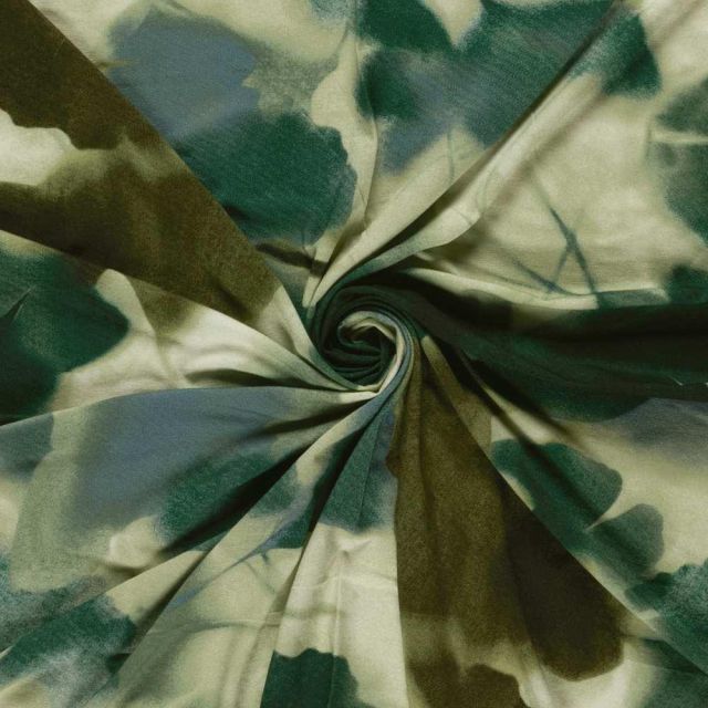 Tissu Jersey Viscose digital feuillage stylisé Kaki et Vert canard sur fond Ecru