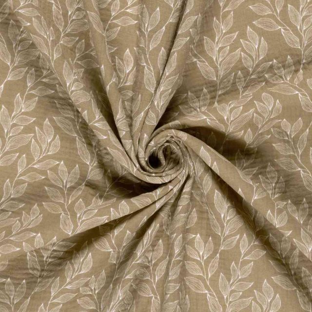 Tissu Double gaze de Coton Olivia rameaux sur fond Beige