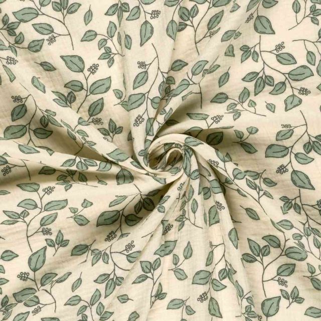 Tissu Double gaze de Coton Julia branches sur fond Ecru
