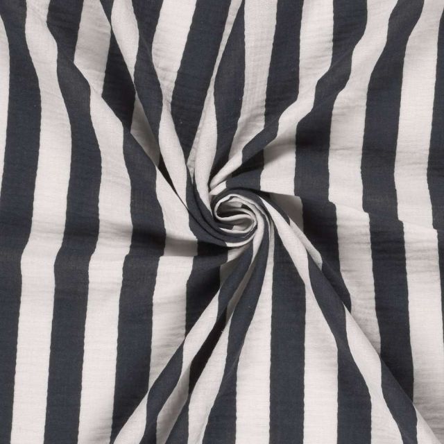 Tissu Double Gaze de Coton Rayé Marine sur fond Blanc