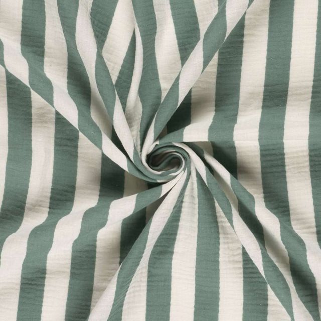 Tissu Double gaze de Coton Jules rayures Vert sur fond Ecru