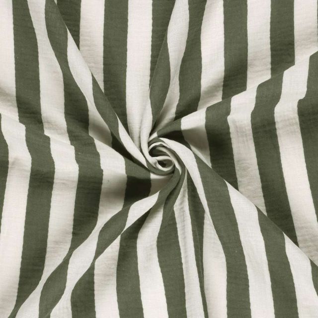 Tissu Double Gaze de Coton Rayé Vert kaki sur fond Blanc