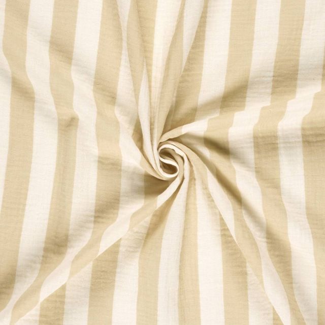 Tissu Double gaze de Coton Jules rayures Beige sur fond Ecru