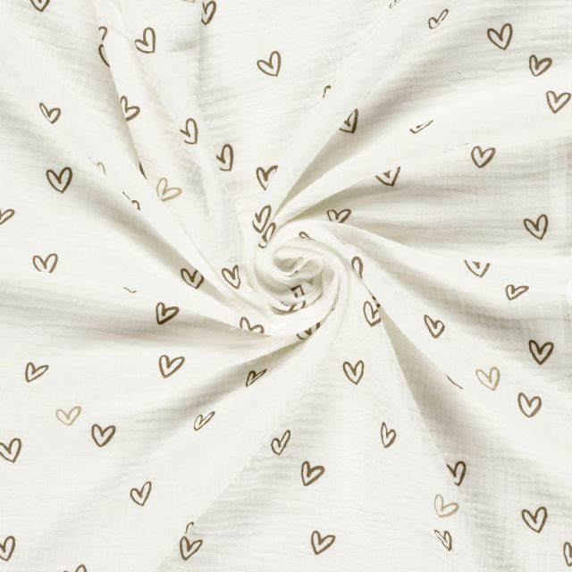 Tissu Double gaze de Coton digital Coeurs taupes sur fond Ecru