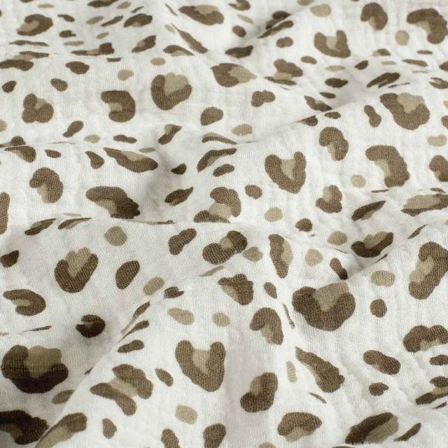 Tissu Double gaze de Coton motif panthère Taupe et Beige sur fond Blanc cassé