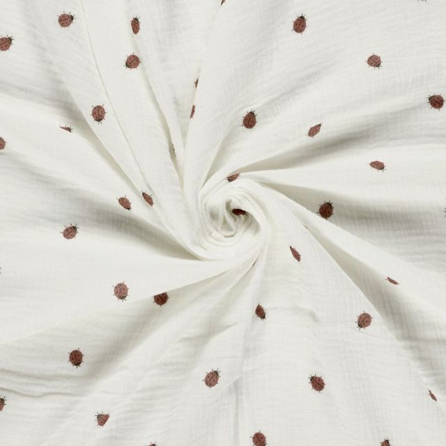 Tissu Double gaze de Coton Maé petites coccinelles sur fond Ecru