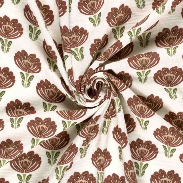 Tissu Double gaze de Coton Eglantine fleurs Marron sur fond Ecru