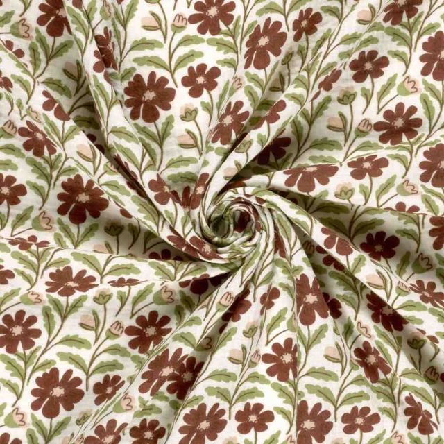 Tissu Double gaze de Coton Angèle fleurs Marron sur fond Ecru