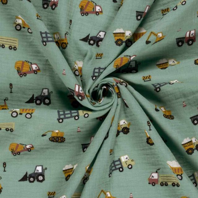 Tissu Double gaze de Coton Léo engins chantier sur fond Vert amande