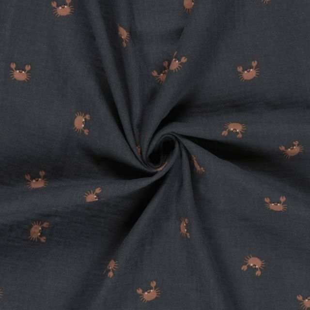 Tissu Double gaze de Coton Bob petits crabes sur fond Bleu marine