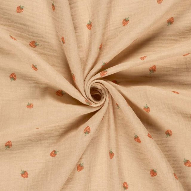 Tissu Double gaze de Coton Petites fraises sur fond Rose