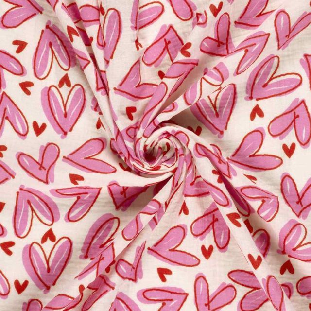 Tissu Double gaze de Coton Paris coeurs Rose sur fond Blanc cassé