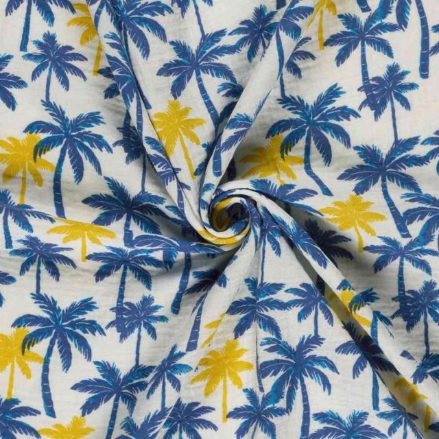 Tissu Double gaze de Coton Orlando palmiers sur fond Blanc cassé