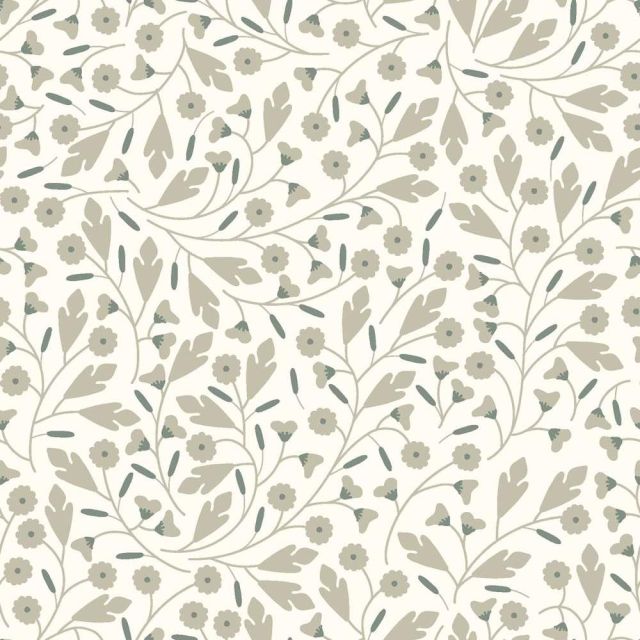 Tissu Popeline de Coton Sauge douce floral décoratif sur fond Ecru