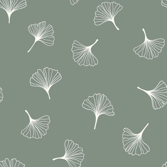 Tissu Popeline de Coton Ginkgo sur fond Vert sauge