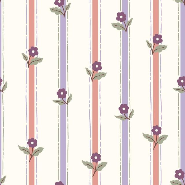 Tissu Popeline de Coton Margaux Rayé floral sur fond Ecru