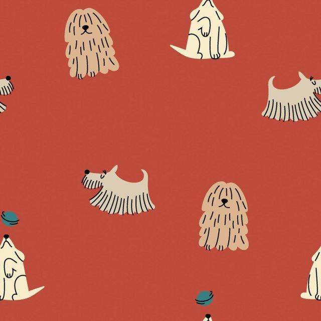 Tissu Popeline de Coton Pablo & Compagnie Petits Chiens sur fond Terracotta